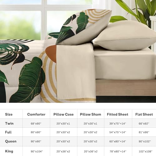 Nesker Comforter Set King Size, Modern Abstract Geometric Minimalist 7 Pcs Bedding for Kids and Adults, Green Boho Mid Century Bed Sheet Sets with Fitted Sheet 2 Pillowcases & 2 Shams Nesker