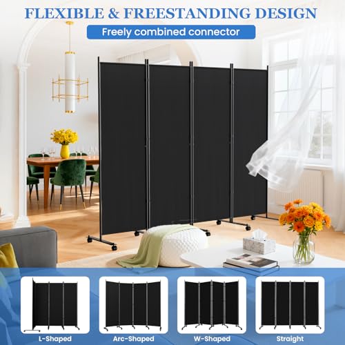 SUNALLY Room Divider 6FT Folding Privacy Screens with Lockable Wheels, 4 Panel Room Partition for Room Separator, 88" W Freestanding Portable Fabric Wall Dividers for Home Dorm Studio Office, Black SUNALLY