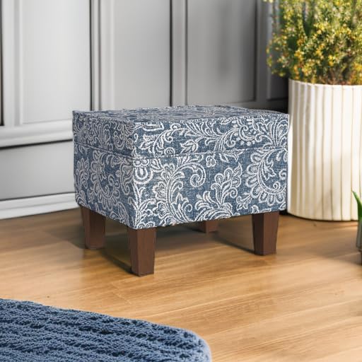 HomePop Home Decor |K7646-A879| Upholstered Modern Rectangular Storage Ottoman | Hinged Lid Ottoman with Storage for Living Room & Bedroom, Blue Denim Jacobean Print HomePop