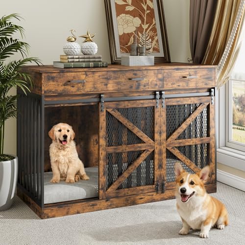 kepptory 48 Inch Large Dog Crate Furniture with 3 Storage Drawers, Wooden Pet Kennel with Removable Divider, Dog Kennel End Table TV Stand, Farmhouse Style Dog Crates with Sliding Barn Door (Brown) kepptory
