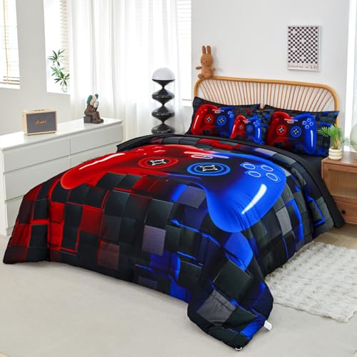 PERFEMET 6 Pieces Kids Comforter Sets Twin Size Red and Blue Game Console Bedding Set for Boys Girls Soft Fluffy 3D Cool Teen Gamer Bed in A Bag for All Seasons(Red Blue, Twin) PERFEMET