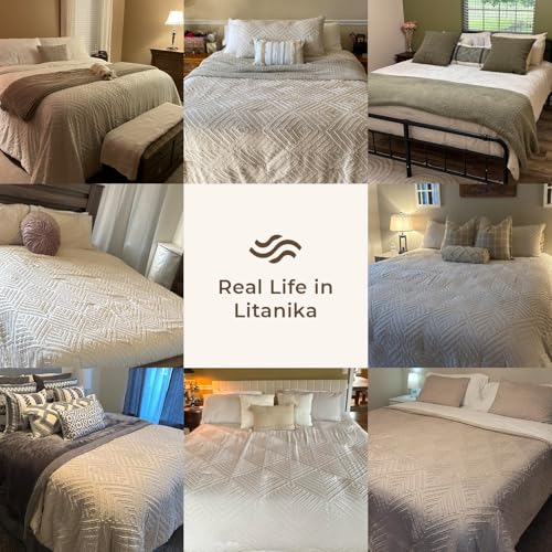 Litanika Queen Comforter Set Beige, 3 Pieces Cream Tufted Boho Farmhouse Bedding Comforter Sets, Lightweight Fluffy Comforter Bed Set for All Season (90x90In Comforter and 2 Pillowcases) Litanika
