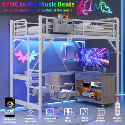 Twin Size Loft Bed with LED Lights and Charging Station, Industrial Heavy Duty Metal Loft Bed Frame with Ladder and Guardrail for Kids Adults, Small Space Saving Design for Bedroom Dorm, White Jocoevol