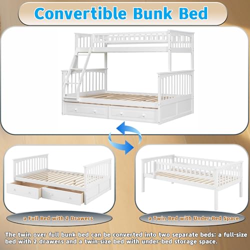 Harper & Bright Designs Convertible Wood Twin Over Full Bunk Bed with 2 Storage Drawers and Ladder - Can Be Divided Into Two Daybeds, White Harper & Bright Designs