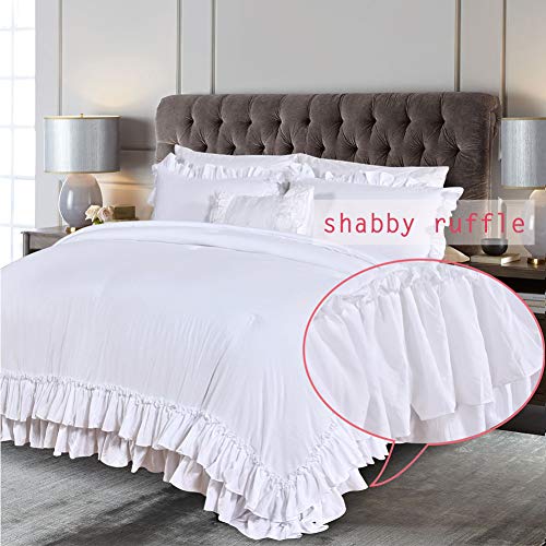 Masaca White Ruffled Comforter Set Queen,Lightweight Farmhouse Shabby Boho Chic White Bedding,Ultra Soft Fluffy Washed Microfiber Bed Comforter Set 3-Piece (1 White Comforter+2 Ruffle Pillow Shams) Masaca