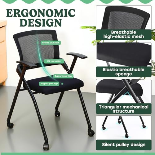 AceOrbit 4 Pcs Foldable Office Chair with PU Wheels Lumbar Support, Armrest, Thick Breathable Mesh Seat Stackable Chair for Office Meeting, Conference, Training Room, Black AceOrbit