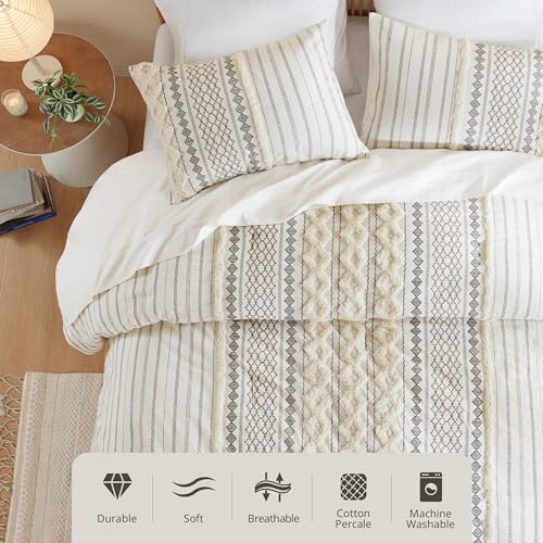 INK+IVY Imani 100% Cotton Duvet Mid Century Modern Design, All Season Comforter Cover Bedding Set, Matching Shams, Full/Queen, Ivory Chenille Tufted Accent 3 Piece INK+IVY