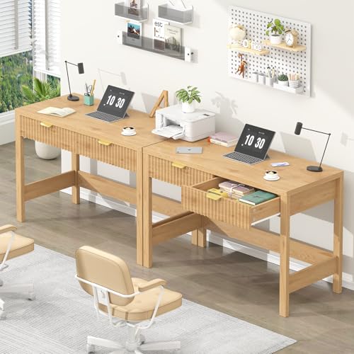 YOMILUVE Fluted Computer Desk with 2 Drawers, 39 Inch Small Computer Desk with Storage, Compact Writing Study Desk for Small Spaces YOMILUVE