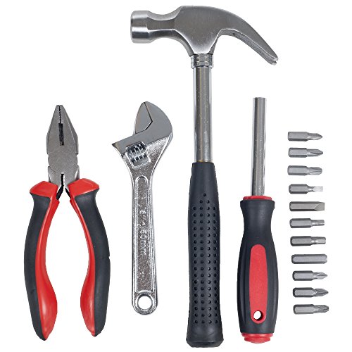 15-Piece Tool Set - Household Tool Kit with Hammer, Multi-Bit Screwdriver Set, Pliers, Wrench- Tools and Equipment for DIY Projects by Stalwart (Red) Stalwart