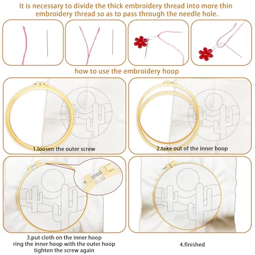 BEUNITONE Bohemian Embroidery Kit for Beginners, 6-Piece Stamped Needlepoint Craft Kits with Landscape, Sun, Moon, Leaves, Vase Designs, Complete DIY Handmade Embroidery Set for Relaxing Creative Fun