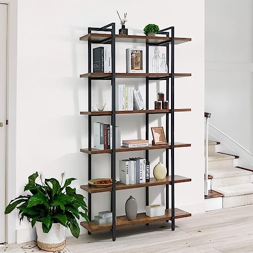 CAPHAUS Vintage Industrial 6-Tier Bookshelf in Rustic Oak – 86" High Open Display Unit with Durable Metal and Wood Design CAPHAUS