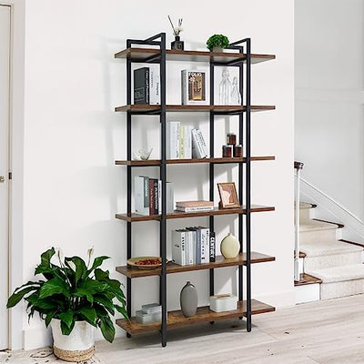 CAPHAUS Vintage Industrial 6-Tier Bookshelf in Rustic Oak – 86" High Open Display Unit with Durable Metal and Wood Design