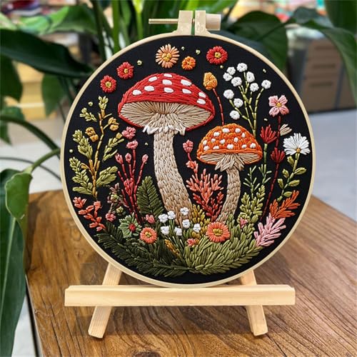 SCECALA 4 Pack Mushroom Embroidery Kit - Botanical Flower Floral Hand Embroidery Kit for Beginners with Pattern, Complete Cross Stitch Supplies DIY Craft for Adults Sewing Hobby, 1pc Hoops