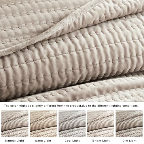 WDCOZY Velvet Twin Size Quilt Set - Beige Striped Pick Stitch Soft Lightweight Bedspread, Neutral Channel Farmhouse Country Rustic Coverlet, Modern Bedding Warm Thin Comforter, 3 Pieces WDCOZY