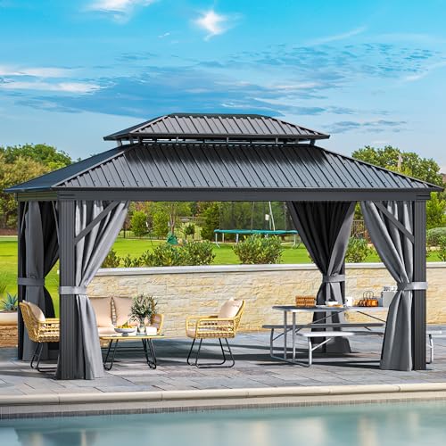 YITAHOME 12x16ft Hardtop Gazebo with Nettings and Curtains, Heavy Duty Double Roof Galvanized Steel Outdoor Combined of Vertical Stripes Roof for Patio, Backyard, Deck, Lawns, Gray YITAHOME