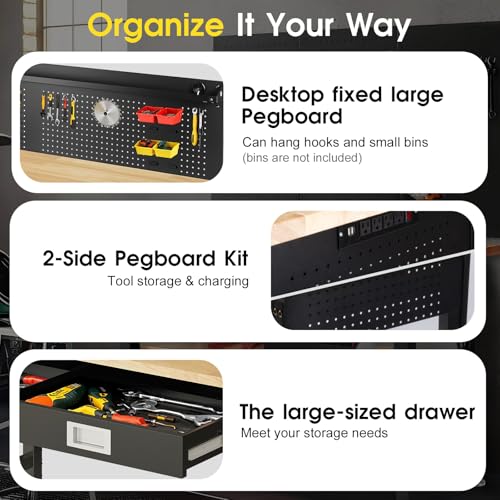 60" Adjustable Work Bench with Drawers, Workbench for Garage with Strip Light, Work Table with Large Pegboard, 2000 LBS Heavy Duty Table with Power Outlet Rubber Wood for Office, Workshop FIXCHIGO