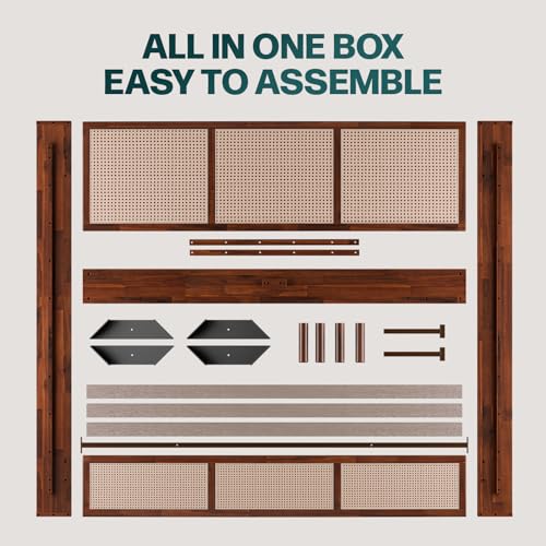 Bme Nancy Dark Chocolate King Bed Frame with Geometric Headboard – Mid Century Modern Solid Acacia Wood Design Bme