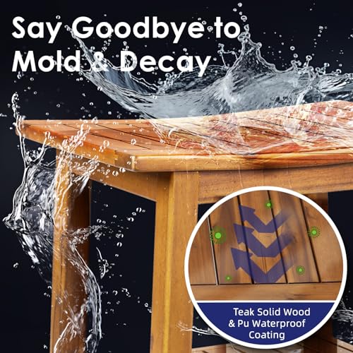 Upolana Teak Shower Bench, 20" Solid Wood Shower Stool Waterproof Shower Seat with Storage Shelf for Bathroom, Indoor & Outdoor Use Upolana