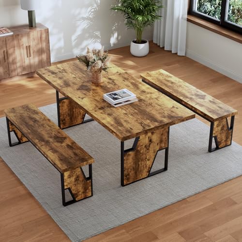 HIPIHOM 70.8" Wooden Dining Table with 2 Benches, Modern Kitchen Table and Chairs Set for 4-6 Person, Thickened MDF Wooden Table with Dining Bench for Living Dining Room, Kitchen, Office HIPIHOM