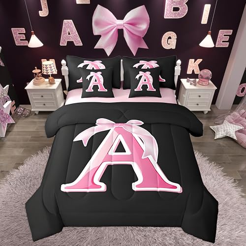 jejeloiu Kids Girls Black Pink Bow Comforter Set with Sheets Twin Size Monogrammed 7 Piece Bedding Set Personalized Initial A Bed in a Bag with Comforter,Sheets,Pillowcases Modern Fashion Bed Set jejeloiu