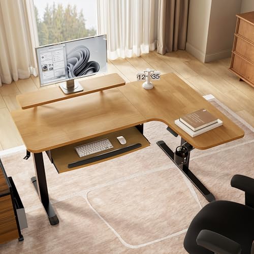 EUREKA ERGONOMIC L Shaped Standing Desk w Solid Wood Tabletop,61" Electric Corner Computer Desk, Adjustable Height Desk w Keyboard Tray,Dual Motor,LED Monitor Stand,Right/Oak EUREKA ERGONOMIC