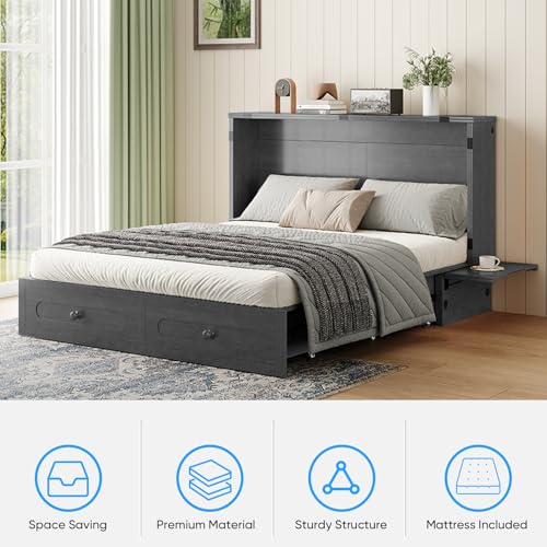 PUREMIND Murphy Bed Queen with Mattress Included - Solid Wood - Hideaway Cabinet Bed with Storage Drawers, USB Charging Ports - Space Saving Wallbed for Home, Guest Room, Gray PUREMIND