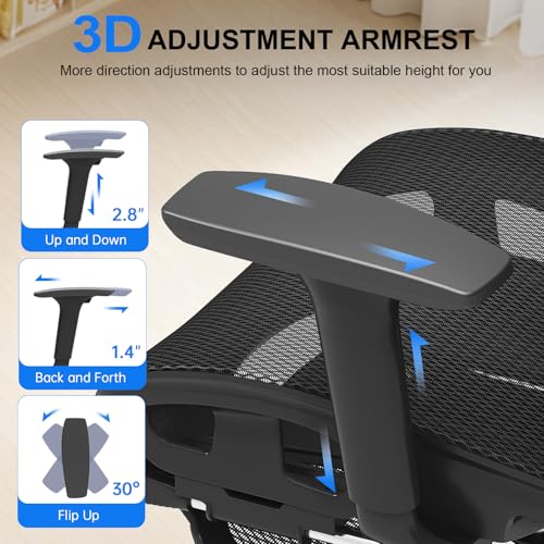 Freepub Ergonomic Mesh Office Chair, Home Desk Chair Comfy with Adjustable Lumbar Support 3D Headrest and Armrests, Reclining Big and Tall High Back Computer Gaming Chairs for Man Women, 350lbs Black Freepub