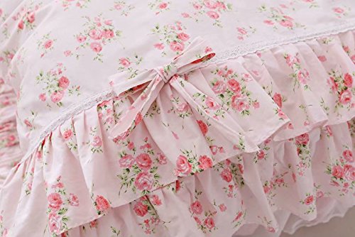 LELVA Romantic Roses Print Duvet Cover Set with Bed Skirt Pink Lace Ruffle Floral Shabby Chic Bedding Sets Full 4 Piece LELVA