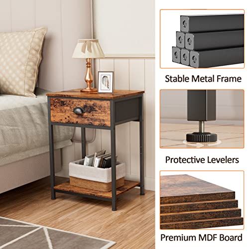 Furologee End Table with Storage Shelf and Fabric Drawer, 2 Tiers Industrial Nightstand, Bedside Table Organizer, 23.6 Inch Tall Side Table for Living Room Bedroom, Rustic Brown, Easy Assembly Furologee