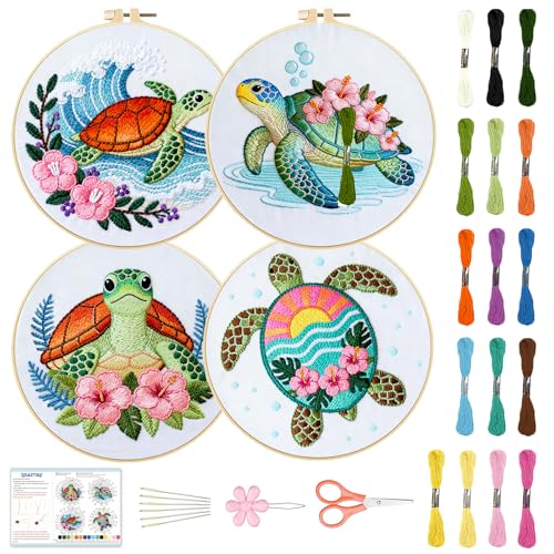 BEUNITONE 4 Sets Sea Turtle Embroidery Kits for Beginners DIY Craft Kits for Adults with Printed Patterns, Hoops and Instructions, Hibiscus Flower Needlepoint Kits for Clothing and Home Decor