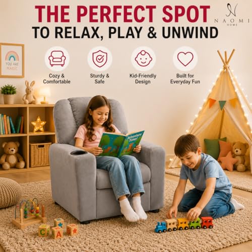 Naomi Home Suri Kids Recliner Chair with Cup Holder & Footrest, Built to Grow with 150 lbs Capacity, Solid Hardwood Frame, and 3 Recline Positions for Toddlers & Children, Gray,Microfiber
