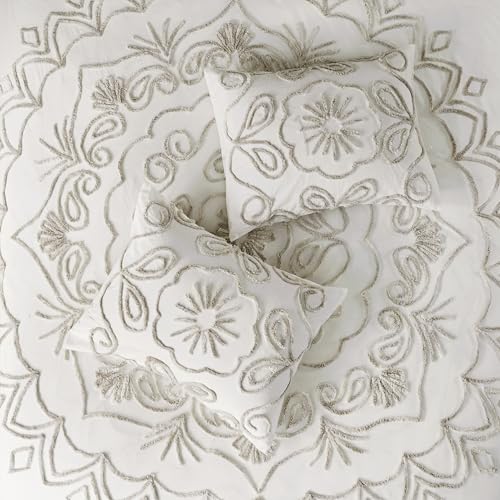 Madison Park Violette Chenille Cotton Tufted Comforter Large Medallion Design, All Season, Hypoallergenic, Soft Bedding Set, Matching Sham, Full/Queen, Ivory/Taupe 3 Piece Madison Park