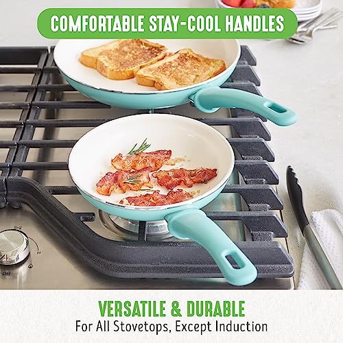 GreenLife Soft Grip 16 Piece Cookware Set, Non-Toxic PFAS-Free Ceramic Nonstick, Pots, Frying, Sauce, Saute, Glass Lids, Stay-Cool Handles, Wobble Free Bases, Dishwasher & Oven Safe, Turquoise GreenLife