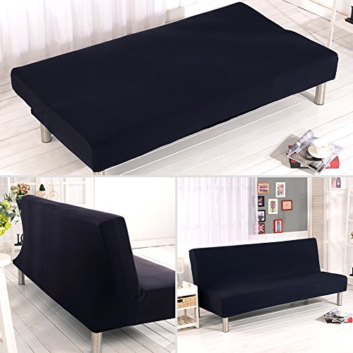 Solid Colour Armless Sofa Bed Cover Polyester Spandex Stretch Futon Slipcover 3 Seater Elastic Full Folding Couch Sofa Shield fits Folding Sofa Bed Without Armrests 80" x 50" in (Black) Homonic
