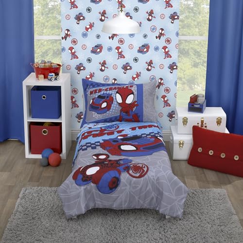 NoJo Marvel Spiderman Spidey and his Amazing Friends Spidey Time Red, Blue, and Grey 4 Piece Toddler Bed Set - Comforter, Fitted Bottom Sheet, Flat Top Sheet, and Reversible Pillowcase NoJo
