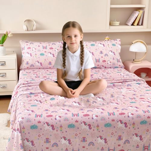 MICORAL Queen Sheets Set Kids, Unicorn Sheets for Boys Girls & Teens, 4 Piece Soft Printed Microfiber Bed Sheets, Deep Pocket Cozy Cute Toddler Bedding Set MICORAL