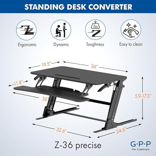 G-PACK PRO 36″ Wide Standing Desk Converter – Sit-to-Stand Workstation for Dual Monitors, Height Adjustable Up to 17.3″ with Large Keyboard Tray – Black G-PACK PRO