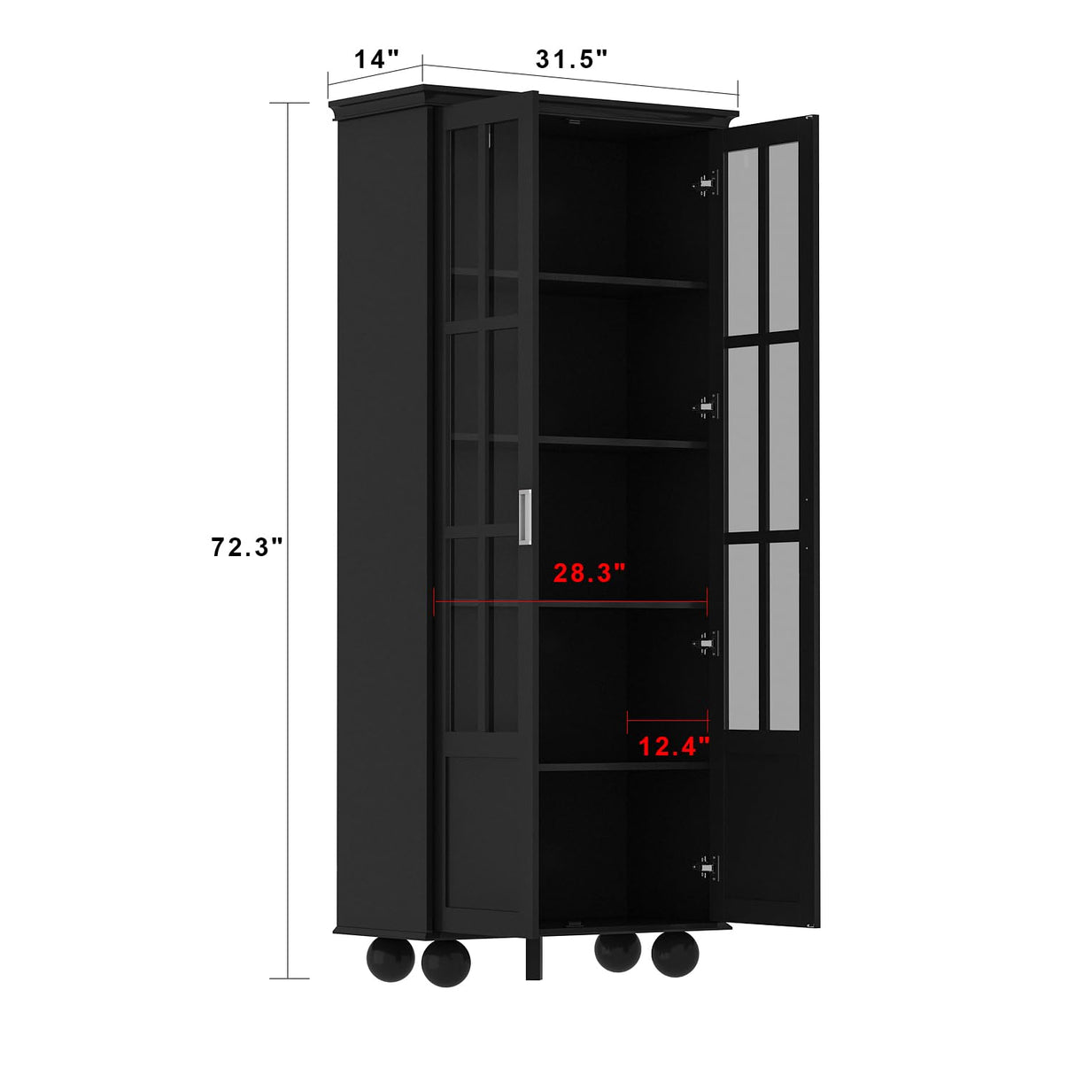 Hitow Black Tall Bookshelf with Glass Doors – 5-Tier Adjustable Wooden Display Cabinet for Home Office and Living Room Hitow