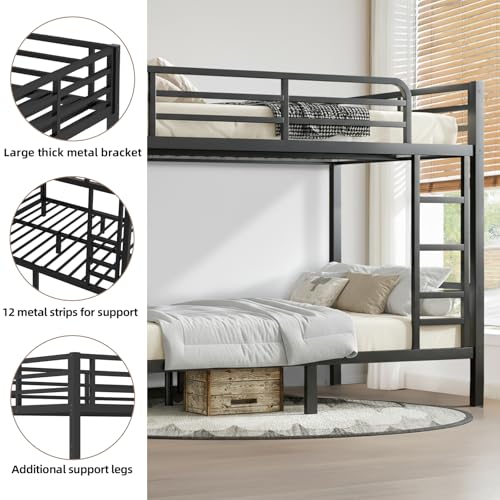 XUWANSHANG Full Over Full Bunk Bed Frame, Heavy Duty Metal Loft Bed for Adults/Teens, 350/500LB Capacity w/Ladder & Guardrail, Noise-Free Steel Slats, No Box Spring Required, Black XUWANSHANG