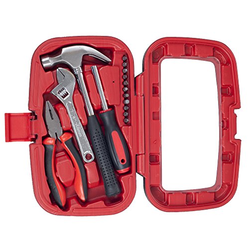 15-Piece Tool Set - Household Tool Kit with Hammer, Multi-Bit Screwdriver Set, Pliers, Wrench- Tools and Equipment for DIY Projects by Stalwart (Red) Stalwart