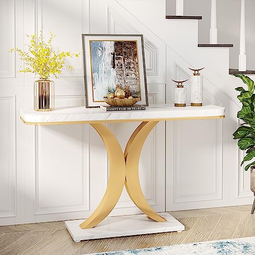 Tribesigns Modern Gold Console Table, 40 inch Narrow Entryway Foyer Table with Geometric Base, Rustic Hallway Accent Table for Living Room, Entrance, White and Gold Tribesigns