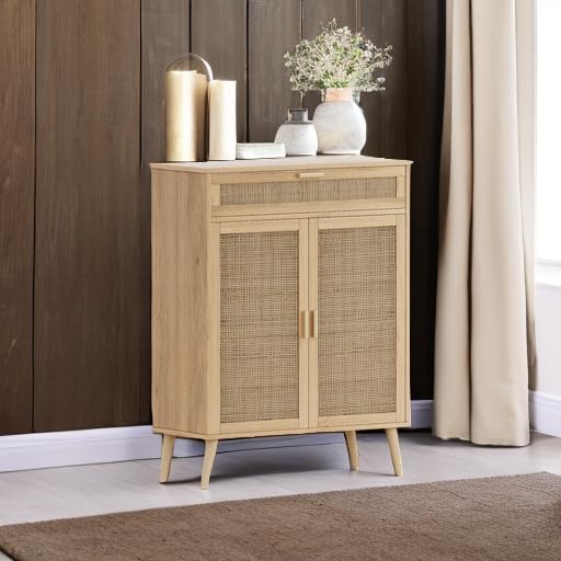 Rovaurx Accent Floor Storage Cabinet with Rattan Doors, Bathroom Cabinet with Large Drawer, Freestanding Storage Cabinet Organizer, Natural BMGZ107M Rovaurx