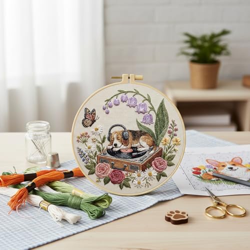 Needlework Embroidery Kit for Beginners,Dog and Record Player Pattern Handmade Cross Stitch Sewing Craft Kit,7.87 inch Hoop,Floss & Needles for Craft Lover Gifts 29 * 29cm