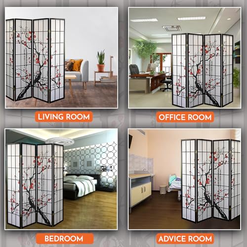 Legacy Decor 4-Panel Blossom Screen - Portable, Foldable Shoji Style Room Divider - Plum Blossom, Freestanding Room Privacy Dressing Screen - Temporary Wall Partition for Home, Office & Studio - Black Legacy Decor