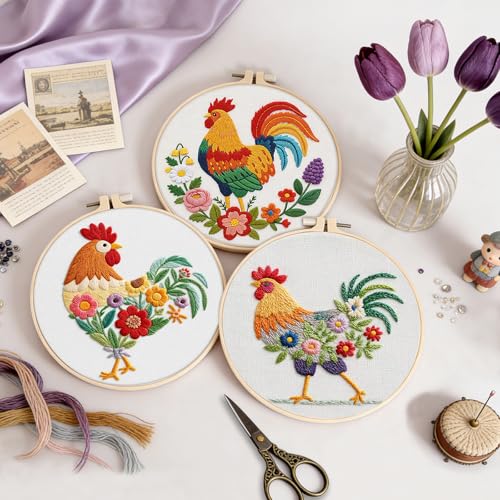 Uniartfy 3 Pack Funny Rooster and Flower Embroidery Kits for Beginners, Animal Cross Stitch Kit for Adults, DIY Needlepoint with Stamped Pattern, Embroidery Hoop, Tools, Colorful Threads, Instructions