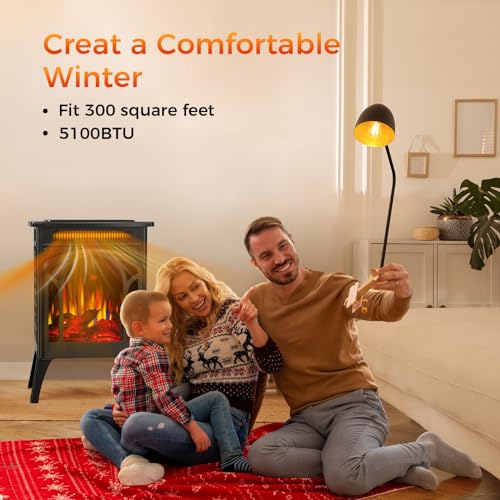 Electric Fireplace Stove, 1500W, Fast Heating, X Infrared Fireplace Heater with Remote Control, 8H Timer, Freestanding Stove with Adjustable 3D Flame Overheat Protection, Indoor Fireplace Electactic