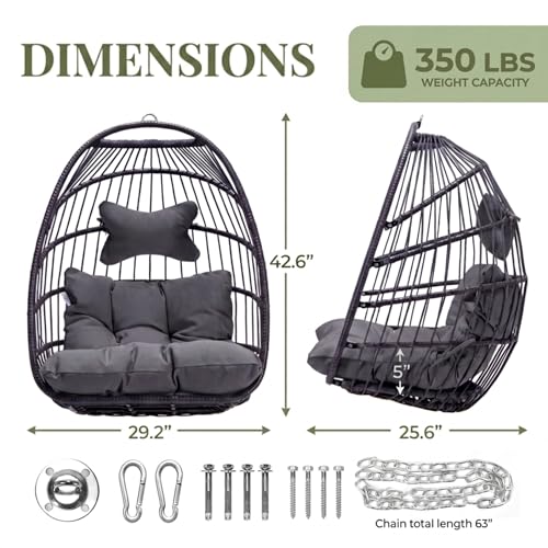 RADIATA Outdoor Egg Chair Without Stand, Foldable Durable Rattan Wicker Hanging Swing Basket, 350 Lbs Heavy-Duty Hammock Chair with Cushion for Patio Balcony Garden Ceiling or Tree Mount, Dark Gray