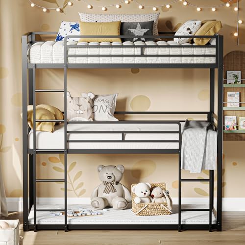 LIKIMIO Bunk Bed, Triple Bunk beds Twin Over Twin Over Twin with 2 Ladders, Metal Frame with Guardrails for Bedroom, No Box Spring Needed, Black LIKIMIO