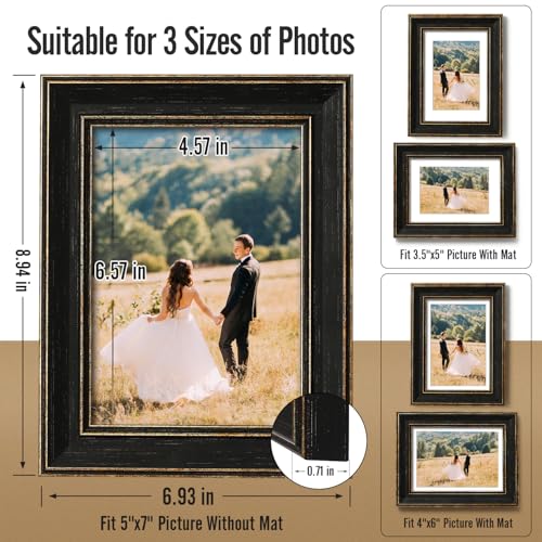 5x7 Picture Frame Set of 4 with 2 Mats, Black Rustic Farmhouse Photo Frames with Tempered Glass, 4x6 and 3.5x5 with Mat or 5x7 without Mat for Wall Hanging or Tabletop Display, Home Gallery Decor Gift Patouque