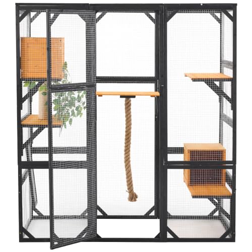 Outdoor Cat Catio Enclosures Large Pine Wood Cat House Patio for Feral Cat Shelter with 2 Enter Doors, 2 Resting Rooms, 3 Platforms, 68.5" H (Black Brown) Caviresta